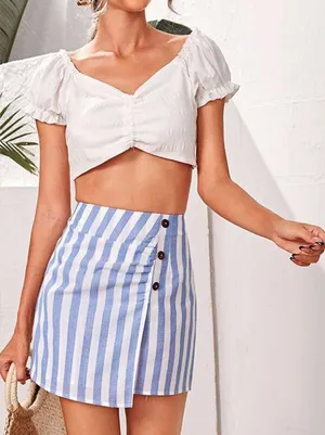 Blue White Vertical Stripe High-Waisted Button Faux Wrap Mini Skirt Women's XS thumbnail 1