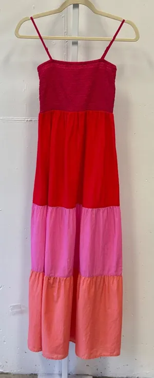 LOFT Outlet Colorblock Smocked Tiered Maxi Dress Red Pink XS Boho Cotton Summer thumbnail 1