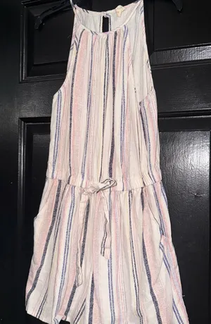 BeBop Striped Sleeveless Romper in Pink, Blue & White thumbnail 1