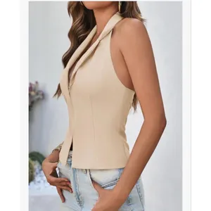 NEW Halter Blazer Vest Deep V Neck Zip Up Backless Smocked Waist M thumbnail 5