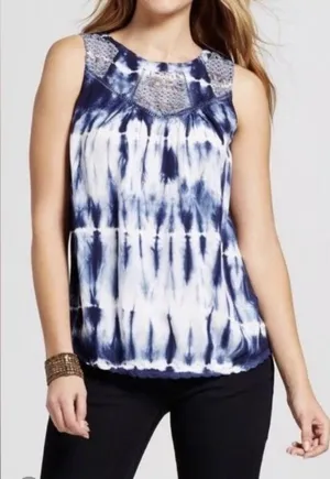Knox Rose | Blue & White Tie-Dye Lace Accented Sleeveless Top | Large thumbnail 1