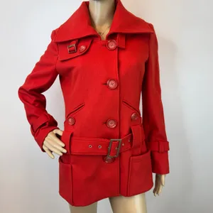 Red Wool Blend‎ Belted Peacoat Jacket with Wide Collar and Oversized Buttons S thumbnail 5