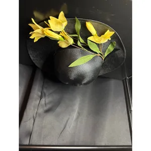 Vintage Betmar New York Black Wide Brim Sun Hat Yellow Floral Velvet Ribbon NWT thumbnail 5