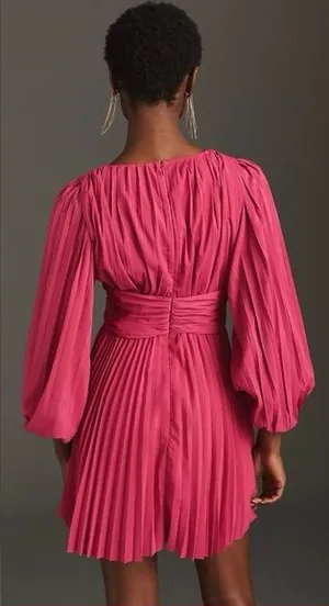 Aureta x Anthropologie Pleated Mini Dress‎ Magenta Pink V-Neck Balloon Sleeve M thumbnail 1