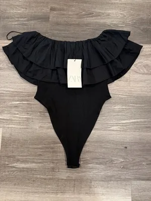 Zara Women's Black Off Shoulder Ruffled Bodysuit Size M NWT thumbnail 7