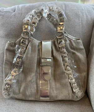 White House Black Market Beige Linen Shoulder Bag with Silver Trim thumbnail 1