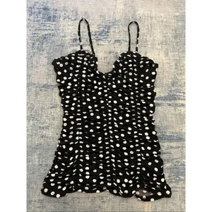 Venus Black White Polka Dot Ruched Sweetheart Ruffle Neckline Cami Tank Small thumbnail 3