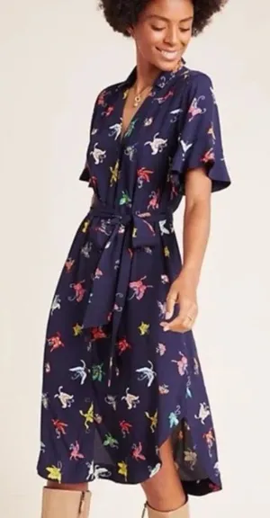Anthropologie Maeve Dark Blue Butterfly Print Button Down Tie Waist Midi Dress thumbnail 1