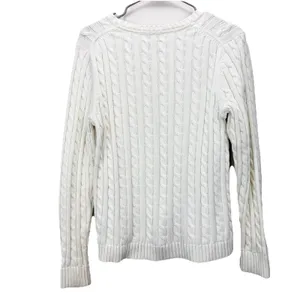 LL Bean Ivory Pullover Cable Crew‎ Neck Long Sleeve Cotton Sweater Size MEDIUM thumbnail 7