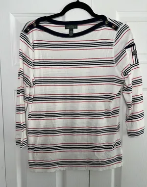 Lauren Ralph Lauren Striped Boat Neck Womens Size L White Red Navy Cotton Top thumbnail 1
