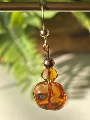 Handmade Amber Glass-like Drop Earrings with Gold Accents thumbnail 3