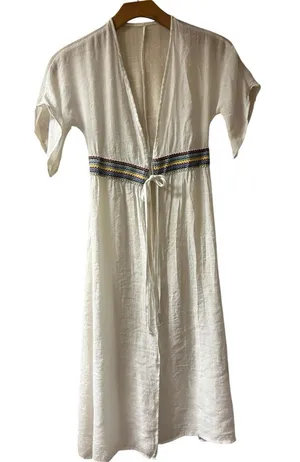 Ivory Cotton Maxi Cover-Up with Colorful Waist Embroidery thumbnail 1
