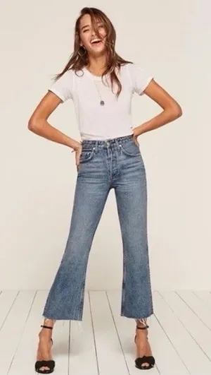 Reformation Mid‎ Crop Flare Jeans Baltic Wash Button Fly READ Womens 29 thumbnail 1