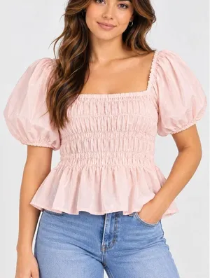 Mi Ami Francesca’s Pink Puff Sleeve Smocked Peplum Top Women’s M NWT thumbnail 1