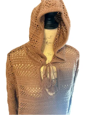Roxy Hippie Love Open Knit Hooded Sweater Size L NWT (25” PTP) Mocha thumbnail 4