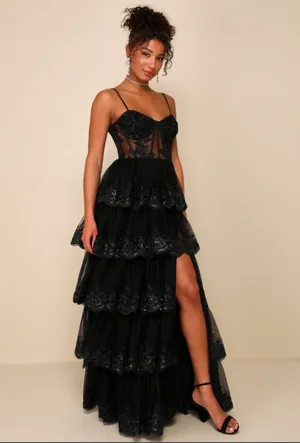 Lulus Alluring sensation Black Tulle Embroidered Tiered Maxi Dress thumbnail 1