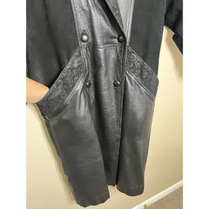 Women's Leather Coat Long Trench Black Patchwork Gothic Print Whimsigoth Moto 80 thumbnail 6
