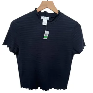 Planet Gold Macy’s NWT Black Mock Neck Lettuce Trim Ribbed Short Sleeve Top thumbnail 1