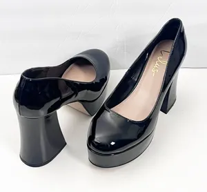 LULUS Joanah Black Patent Leather Round Toe Chunky Platform Block Heels Size 9 thumbnail 1