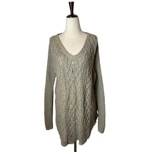 Free People Sweater Women Small‎ Tan Gray Cross My Heart Pullover Cable Knit thumbnail 2