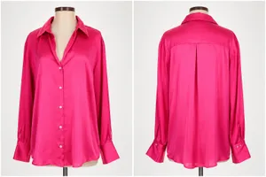 Zara Hot Pink Satin Button-Down Blouse Wide Cuffs Size Medium🎀 thumbnail 8
