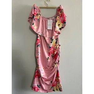 Pink Floral Off Shoulder Ruffle Ruched Bodycon Dress M boho Y2K whimsi dainty re thumbnail 6