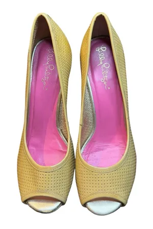 Lilly Pulitzer Shoes Womens Size 7 Beige Leather Peep Toe Espadrille Wedge Heels thumbnail 1