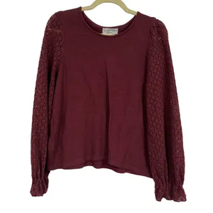 Madewell Texture & Thread Burgundy Knit Puff Sleeve Sweater Womens M Fall Eyelet thumbnail 2