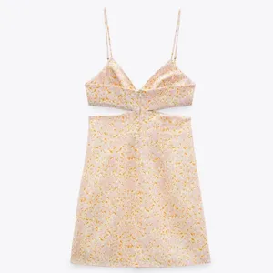 Zara Floral Linen Blend Cut-out Mini Pink Strappy Dress Small thumbnail 3