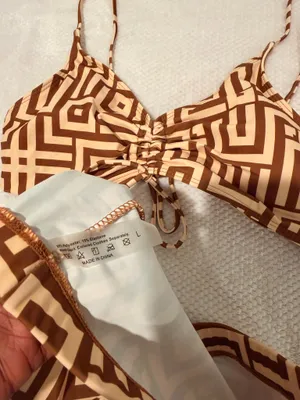 Women’s Brown/Beige Geometric 2pc Bikini Top w/ Swim Shorts L thumbnail 7