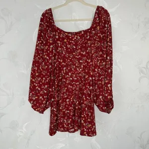 Stilletto's Size-L Dress Burgundy Mini Floral‎ Ballon Sleeves Pockets thumbnail 2