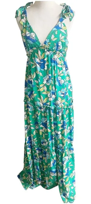 Monteau Los Angeles Floral Tiered Maxi Dress Green Size Large V-Neck Bohemian thumbnail 1