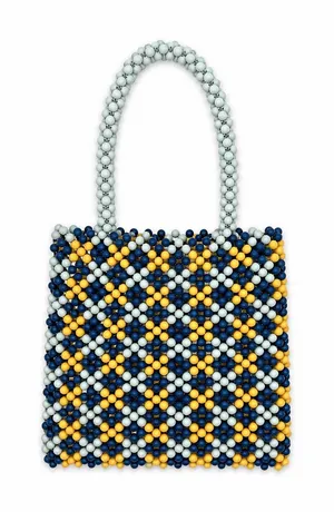 Lulus NYC Beaded Gingham Tote Bag Blue Yellow Handmade Checkerboard Purse thumbnail 1