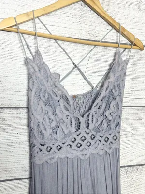 Free People Adella Crochet Lace Maxi Slip Dress in Light Gray Size Medium thumbnail 3