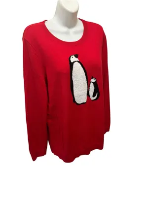 Talbots Cashmere Blend PENGUINS Knit Sweater Sz L Red CrewNeck Fuzzy Soft Lightw thumbnail 3