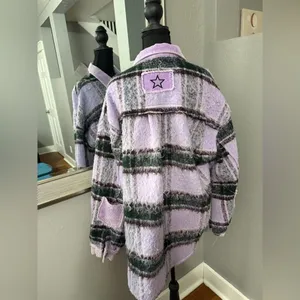 Pol x Anthropologie Purple Fuzzy Plaid Shacket Corduroy Trim Medium. thumbnail 5