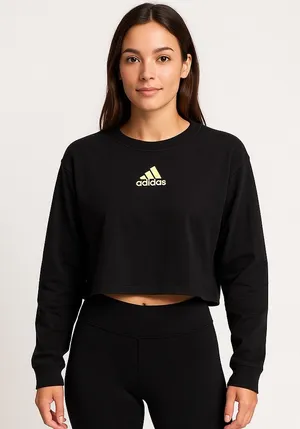 Adidas Cropped Sweatshirt Pullover Athleisure Activewear Logo Black XL‎ Gym thumbnail 1