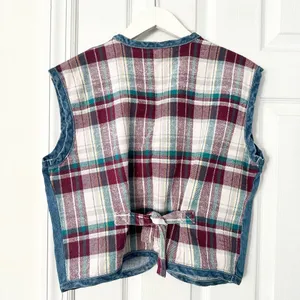 Metro Express Vintage Denim Chambray Red Plaid Flannel Back Button Vest L 14/16 thumbnail 7