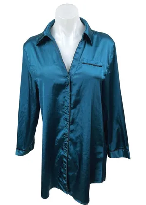 Ekouaer Blue Silk Satin Long Sleeve Collar Button Mini Nightgown Shirt Dress M thumbnail 1