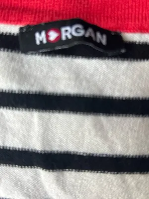 Morgan de toi France Striped Black and White Sweater Cardigan with Red Trim thumbnail 5