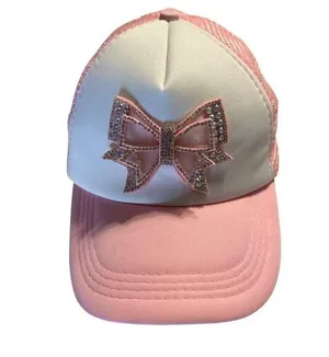 Bow Trucker Hat Pink White Coquette Blingy Mesh One-Size Snap Back Girly Cap thumbnail 1