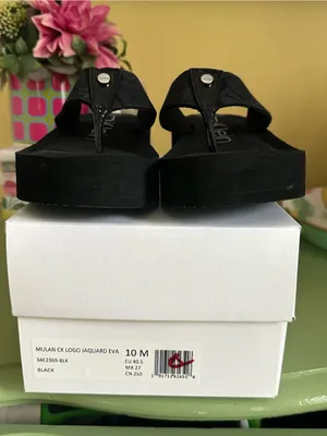 Calvin Klein Women's Mulan Logo Black Wedge Thong Slides Sandals Size 10 NIB thumbnail 10