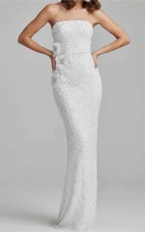 DRESS THE POPULATION Izza 3D Floral Sequined Gown, White, XXS thumbnail 1