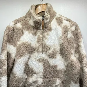 LIV Outdoor Aisley Tan & Cream Cow Print Sherpa Half Zip Pullover Pockets Size L thumbnail 3