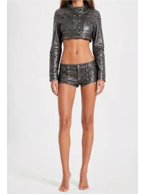 JADED LONDON Alektra Military Faux Leather Crop Jacket, Metallic Black, Medium thumbnail 3