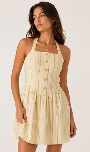 Universal Threads Halter Drop Waist Stripe Linen Blend Mini Sundress Yellow Sz M thumbnail 1