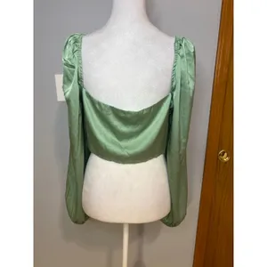 Princess Polly Sage Green Satin‎ Lace Trim Long Sleeve Festival Crop Top US 8 thumbnail 5
