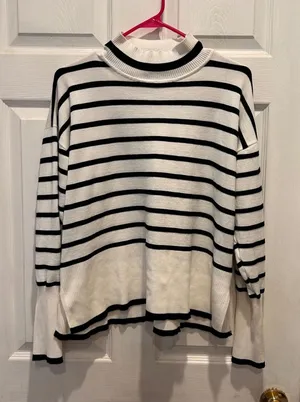 Rachel Zoe Womens Large White Black Striped Mock Neck Ribbed Cuff Sweater French thumbnail 1