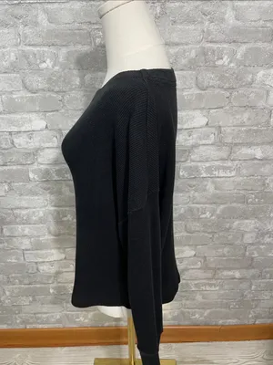 Anthropologie Akemi + Kin Black Waffle-Knit Boatneck Long Sleeve Top thumbnail 2