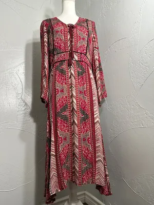 Reba Red & Brown Boho Tie-Front Long-Sleeve Midi Dress thumbnail 7